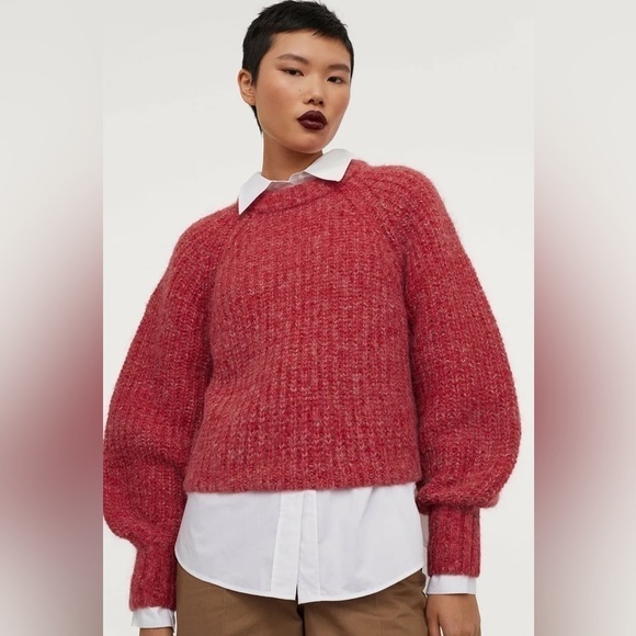 H&M KNITTED ALPACA-BLEND JUMPER RED WHITE MARL RIBBED SWEATER CROPPED SIZE SMALL - Picture 1 of 8